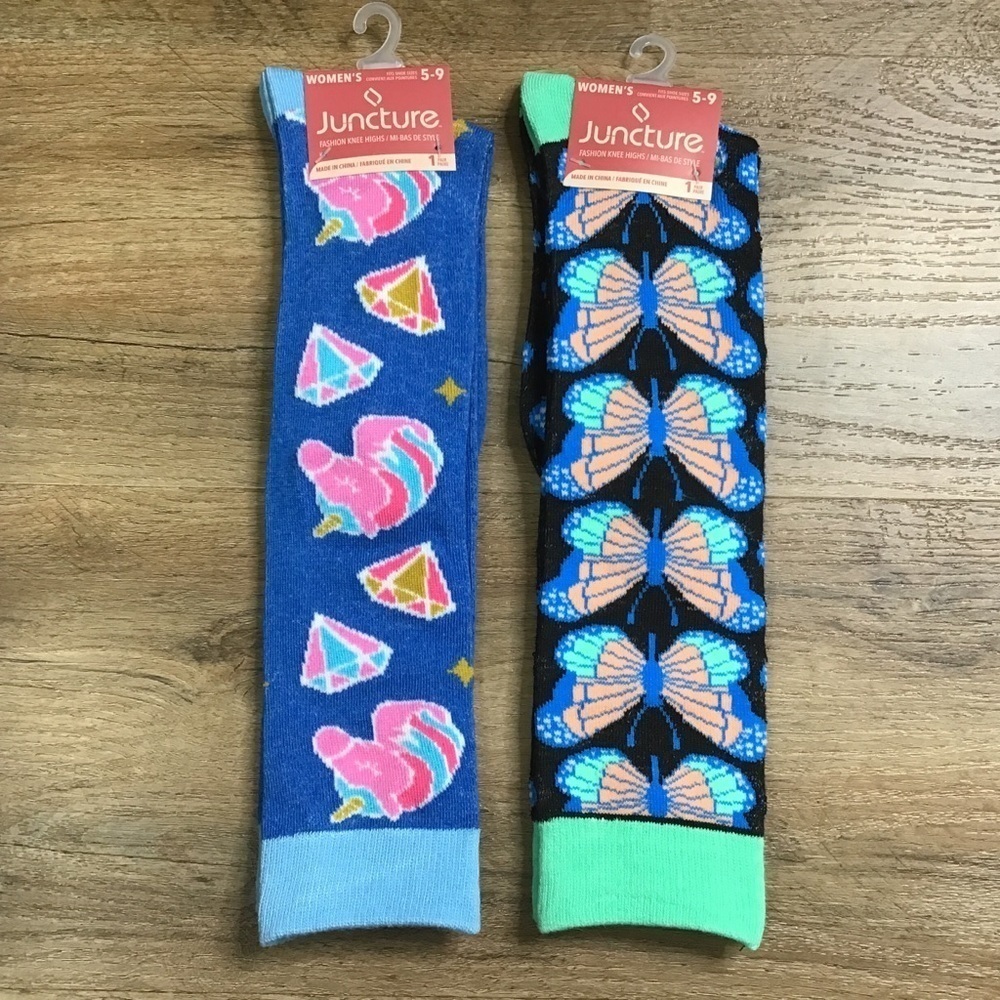 WOMEN’S 2 Pairs Socks Bundle Knee High Boho Butterfly Unicorn Gem Multicolor